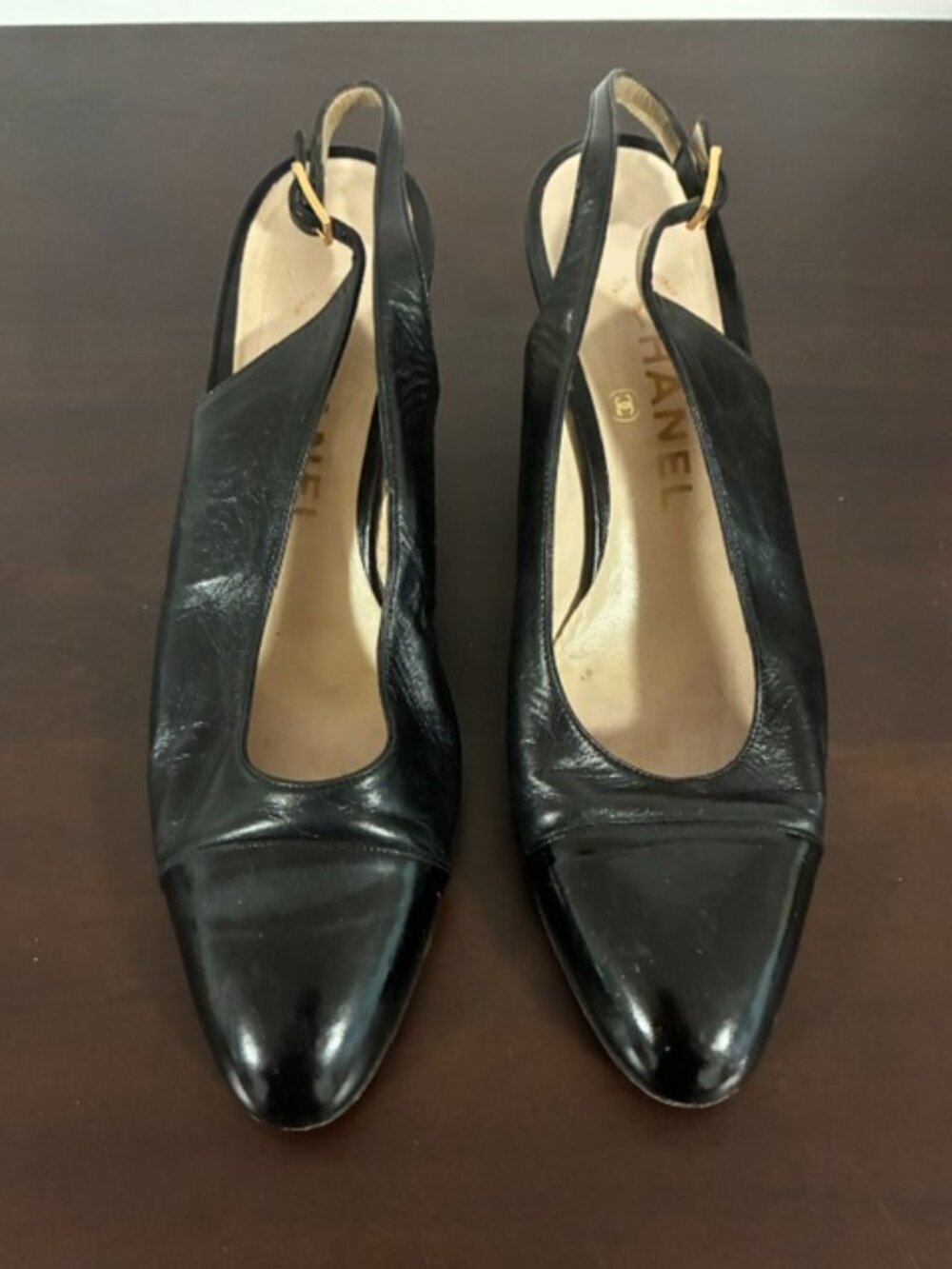 Chanel vintage 1980s black leather kitten heels buckle sandals